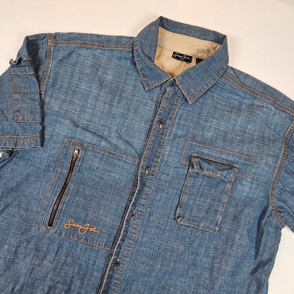 Sean John Mens XL Blue Chambray Denim Short Sleeve Button Down Utility Shirt Y2K